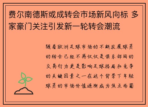 费尔南德斯或成转会市场新风向标 多家豪门关注引发新一轮转会潮流